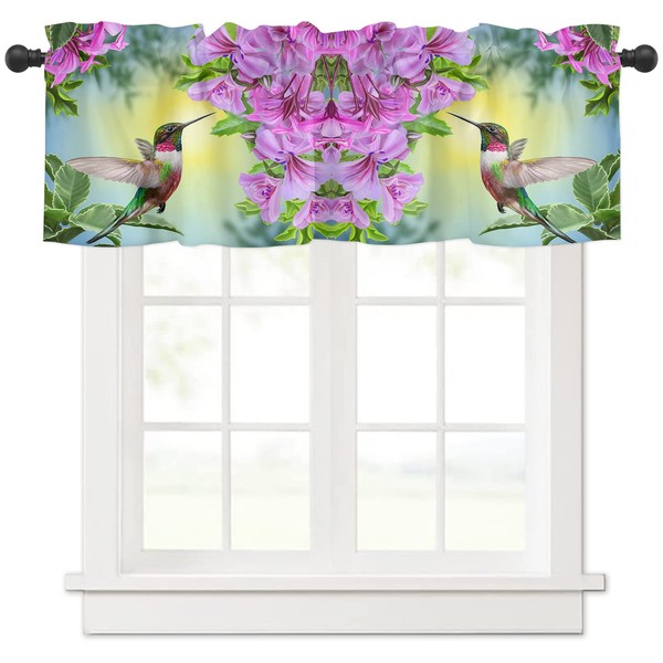 Cortinas de cenefa de flores rosas para ventana de cocina, cenefas de colibrí con bolsillo para barra de cortina, cortinas cortas para recámara o sala de estar, 54 x 18 pulgadas, 1 panel,