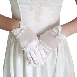 Acenail Pearl Women’s Wedding Gloves White Lace Gloves Short Satin Bridal Gloves Floral Tea Party Opera Gloves for Brides (#1 White)