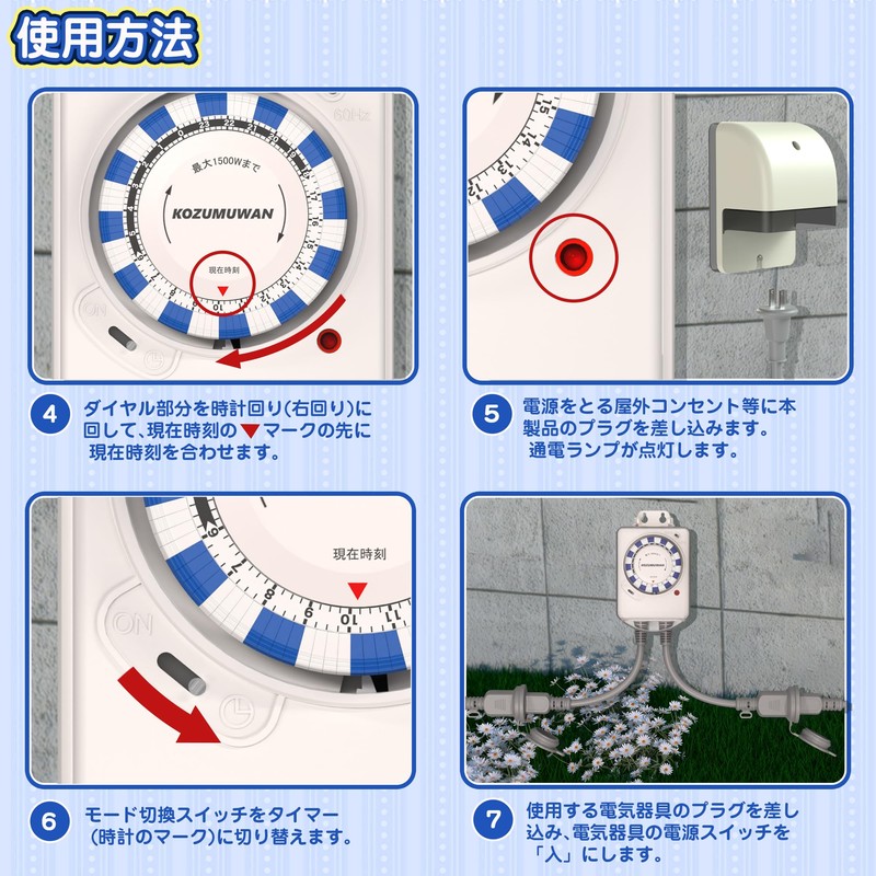 Timer Outlet, 24 Hours, 15 Minutes, Outdoor, Rainproof, Repeat Function,