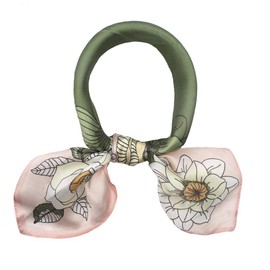 ANDANTINO 100% Pure Mulberry Silk Small Square Scarf -21'' x 21''- Breathable Lightweight Neckerchief -Digital Printed Headscarf (Pink & Green Flowers)