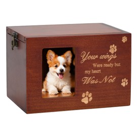 MFBJXC Pet Memorial Urns for Dog or Cat Ashes, Large Wooden Funeral Cremation Urns with Photo Frame, Keepsake Memory Box with Flannel Lining (Brown)