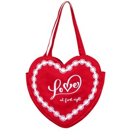 MIKI WELL Heart Shaped Embroidered Women Tote Bag - Reusable Canvas Shoulder Bag for Shopping, Working and Reading (Red)