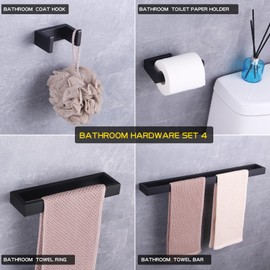 GERZWY Bathroom Accessory 4-Piece Set SUS 304 Stainless Steel Towel Bar Toilet Paper Holder Towel Ring Towel Hooks Wall Mount, Matte Black HG1708-4BK
