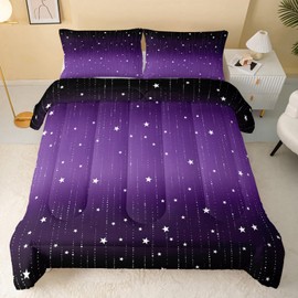 QOOMO 3Pcs Starry Sky Comforter Set Twin,Purple Glitter Star Bedding Set for Teens Boys Girls,Purple and Black Printed Comforter with 2 Pillowcases,Down Alternative,Soft and Lightweight