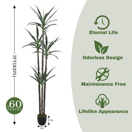 Artificial Tree 7ft Faux Agave Plant with 60 Leaves and 4 Realistic Trunks,Fake Floor Potted Artificial Tall Plants for Home Office Garden Decor Indoor or Outdoor (7Feet,1Pack)