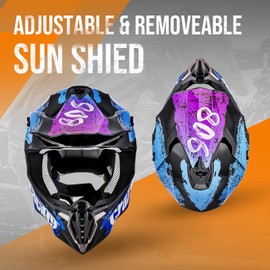 OUMURS Adult ATV Dirt Bike Helmet with Gloves & Mask Adjustable Sun Visor Motorcycle Adult Helmet Off-Road Motocross Downhill Moped MX for Unisex-Adult-Crazy Blue, M