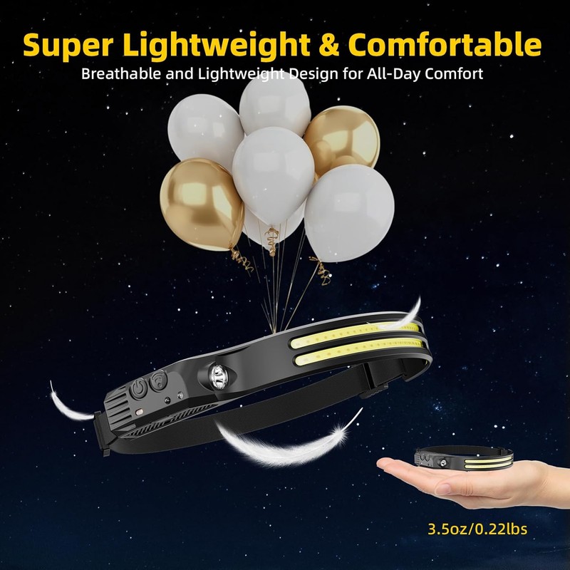 3Pack LED Headlamp Rechargeable - 230° COB Super Bright Head