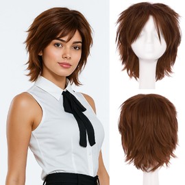 SEGO Unisex Women Mens Male Wigs, Short Fluffy Layered Straight Hair, Anime Cosplay Party Dress Costume Synthetic Light Brownd Wig