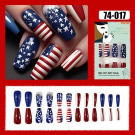 TBRZTR Independence Day Press on Nails Medium Ballet Shaped USA Flag Stars Design 4th July Stripes False Nail Full Cover Glossy Patriotic Artificial Fingernails Holiday Glue on Nails for Women 24Pcs