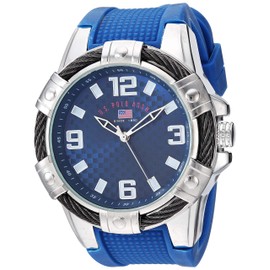 U.S. Polo Assn. Men’s Sport Watch with Blue Textured Strap Large 52mm Case Silver-Tone Bezel and Carbon-Pattern Dial with Bold Numbers and Durable Rubber Band Fits Wrists 5.5"-8"