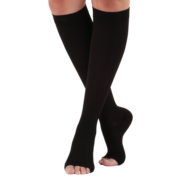 Plus Size Compression Knee High for Women and Men 30-40mmHg with Open Toe - Unisex Wide Calf Compression Hose for Athletic Workout Running Blood Circulation - Black, 2X-Large