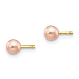 Solid 14k Yellow Gold 3-4mm Pink Round Freshwater Cultured Pearl Stud Post Earrings mm