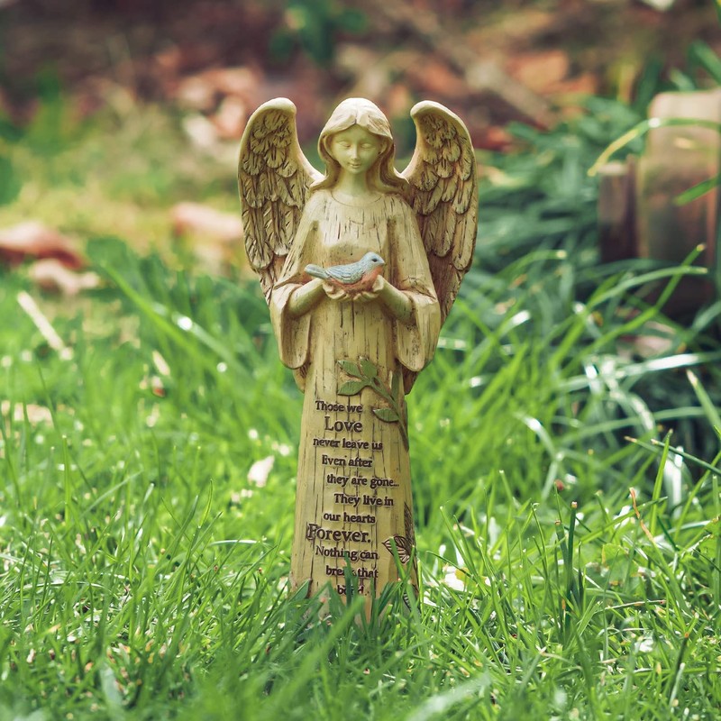 Resin Religious Garden Statue Standing Angel with Bird Statuary for