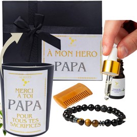 Großes Geschenkset zum Vatertag – natürliche Pflege für Herren – Geschenkidee für Papa – handwerkliche Produkte französischer Duft: Duftkerze + Diffusor für ätherisches Öl + Bartkamm aus Holz