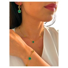 NataschaWoge® Kleeblatt GRÜN GOLD Armband minimalistischer Schmuck EDELSTAHL Gold Kette Halskette Choker Geschenk für Sie Goldkette (Ohrringe kurz)