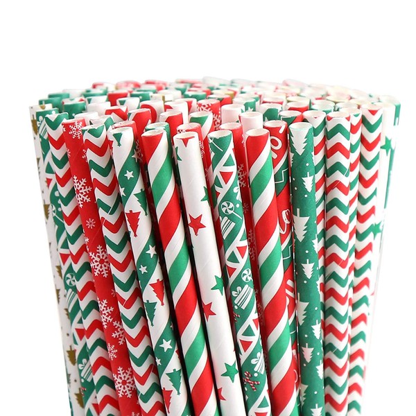 FINGOOO Christmas Paper Straws,250 Pieces Mixed Stripe Paper Straws for Wedding Supplies and Christmas Party Favors,10 patterns