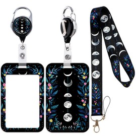 Romantic Lanyards for ID Badges, Moon Phase & Flower ID Badge Holder for Women with Lanyard Retractable Reel, Nurse Teacher Office Gifts