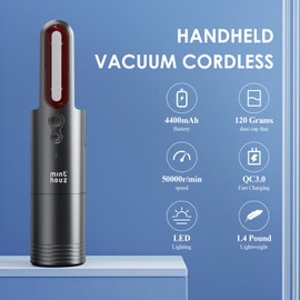 Minthouz Car Vacuum,Mini Portable Cordless Hand held Vacuum Powerful Suction Equipped with LED Light,Large Capacity Battery and USB 3.0 Fast Charging Tech,for Car,Home, Office