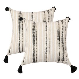 Stripe Patterned Throw Pillow Covers 18x18 Set of 2 Chenille Jacquard Decorative Pillows for Bed Couch Living Room Dimensional Texture Boho Vintage Room Decor Square Pillow Covers White