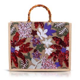 Tote Bag, Sackcloth Handbags for Women, Sequin Embroidery Beach Bags, Natural Bamboo Handle, Bohemian Handbag Large Capacity Shoulder Bag Suitable for Travel Daily(Red Flowers)