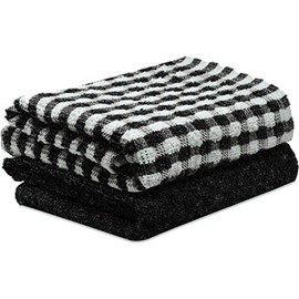 2 Pack Kitchen Towel Cotton Terry Tea Towels Black/White Monocheck Super Absorbent Dish Drying Cleaning Cloths 35x65cm (Black, 2)
