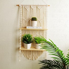 Macrame Wall Hanging Shelf - Boho Indoor Hanging Shelves for Wall - Decorative Bohemian Floating Plants Room Storage Shelving Macrame Rope Decor Organizer Rack, 2 Tier Indoor Handmade Plant Shelves