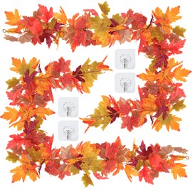 2 Pack Fall Maple Leaves Garland Decorations,5.8Ft Artificial Leaf Thanksgiving Decor for Tree Autumn Mantle Table Bedroom Office Classroom Party Indoor Outdoor Holiday Home Orange