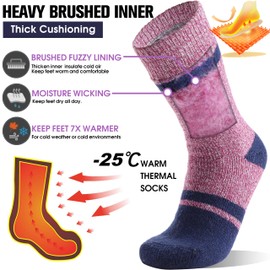 MOGGEI Heated Thermal Socks for Men Women Winter Warm Thick Insulated Ski Boot Work Cabin Socks Gifts Stocking Stuffers 3 Pairs(Pink Grey Stripes,M)