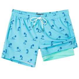 SURF CUZ Mens Swim Trunks with Compression Liner 2 in 1 Mens Swimming Trunks Quick Dry Swim Shorts Bathing Suit Zipper Pockets Blue Flamingo Palm Large