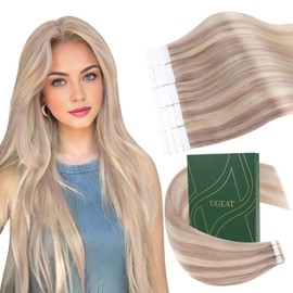 Ugeat Tape in Hair Extensions for Women Ash Blonde Highlights Bleach Blonde Seamless Invisible Tape in Extensions Human Hair Add Length 20inch 20Pcs 50G