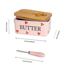 YumiPLUS Pink Ceramic Butter Dish with Bamboo Lid and Knife, Cute Butter Holder,Large Covered Butter Container for Refrigerator, Butter Keeper with hearts design, Unique Kitchen Decor Gift(pink love)