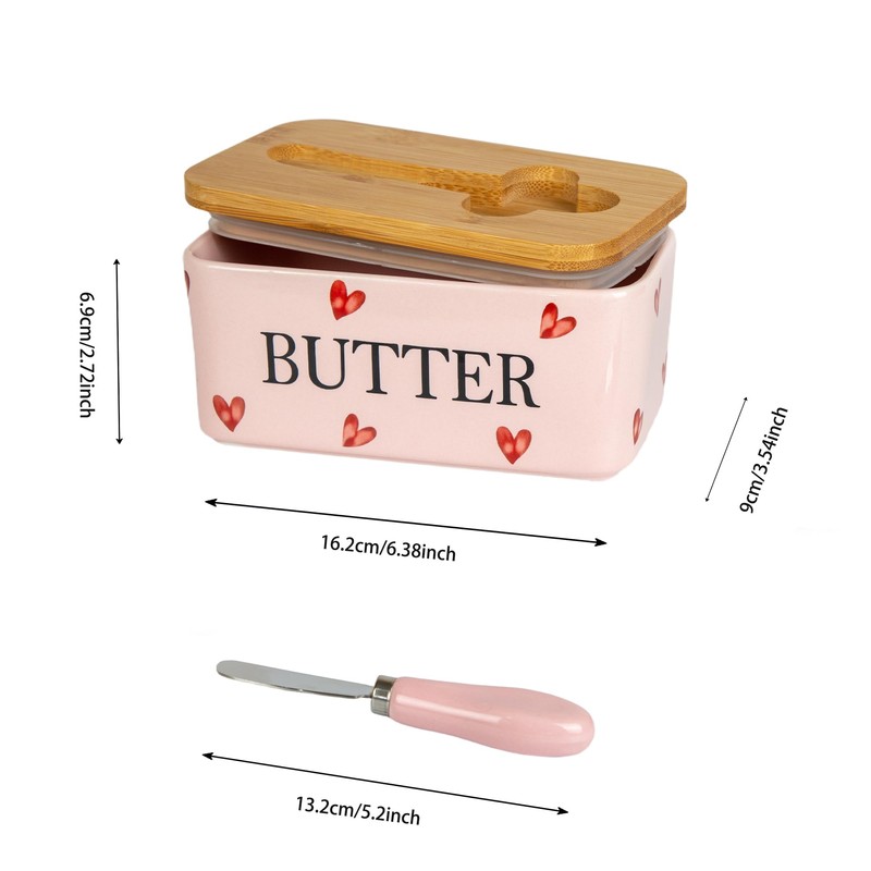 YumiPLUS Pink Ceramic Butter Dish with Bamboo Lid and Knife,