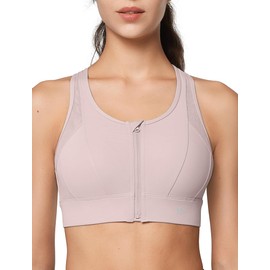 Yvette High Impact Zip Front Sports Bra Mesh Racerback Workout High Support Sports Bras for Women Large Breasts, Pale Pink, L+