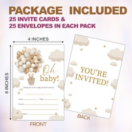 25 Baby Shower Invitation Cards, Oh Baby! Balloons & Bear Baby Shower Invites With Envelopes, Gender Reveal, Baby Announcement Party Favor & Accessories - A07