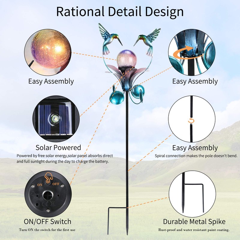 VCUTEKA Solar Lights Outdoor Metal Garden Stake Waterproof Crackle Glass