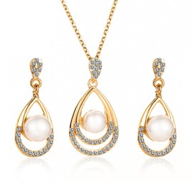 Yienate Bridal Crystal Beads Jewellery Set Pearl Pendant Necklace Zirconia Rhinestone Teardrop Dangle Pearl Earring Set Gold Wedding Jewellery Set for Women Girls