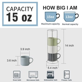 Tikooere Stackable Coffee Mugs with Stand, 15 Ounce Ceramic Embossed Mugs Set of 4 for Coffee, Latte, Tea, Cute Porcelain Cups for Christmas Gift, Dishwasher & Microwave Safe, Multi Color