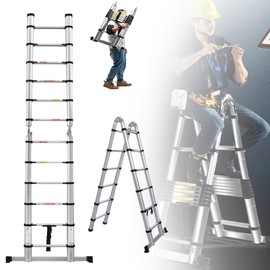 Telescoping Ladder 12.5FT A-Frame Telescopic Ladder with Balance Bar, Aluminum Lightweight Extension Ladder, Multi-Purpose Folding Ladder, RV Collapsible Ladder for Household, Outdoor 330lbs Capacity