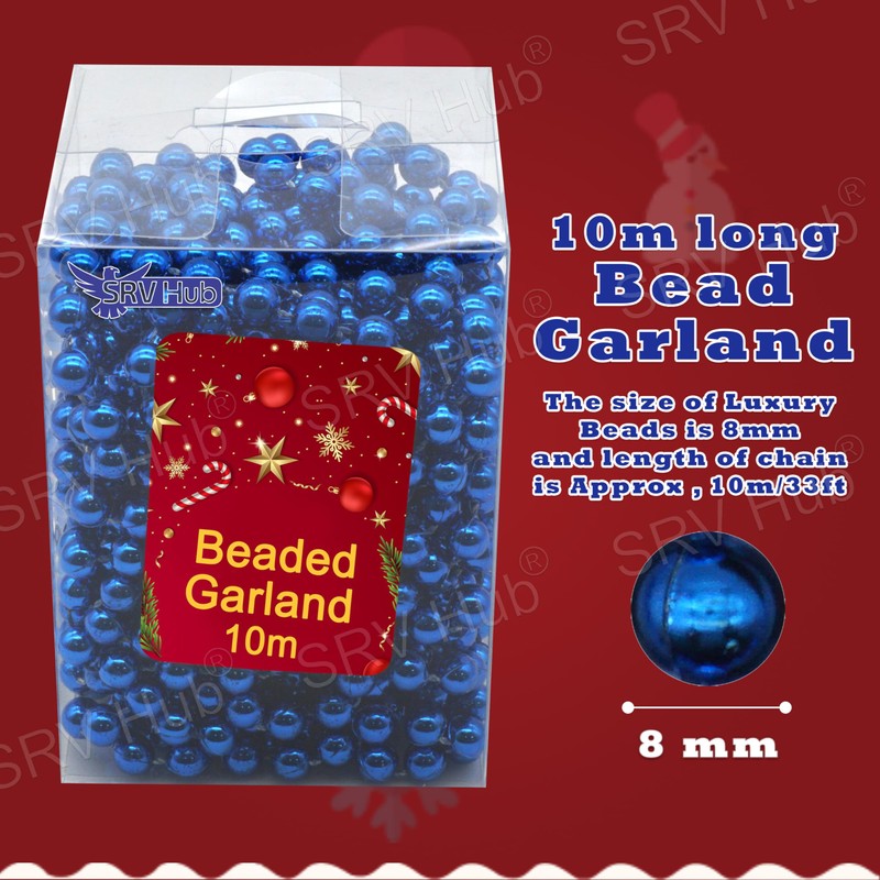 3x Blue 10M Christmas Bead Chains, Luxury Plastic Garland for
