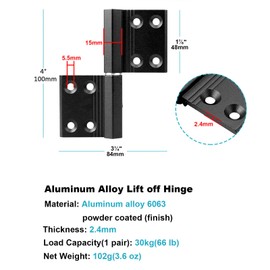 TSSS 4 Pairs 100mm Black Lift Off Flag Hinge Detachable Door Hinges, Aluminum Alloy Countersunk Holes