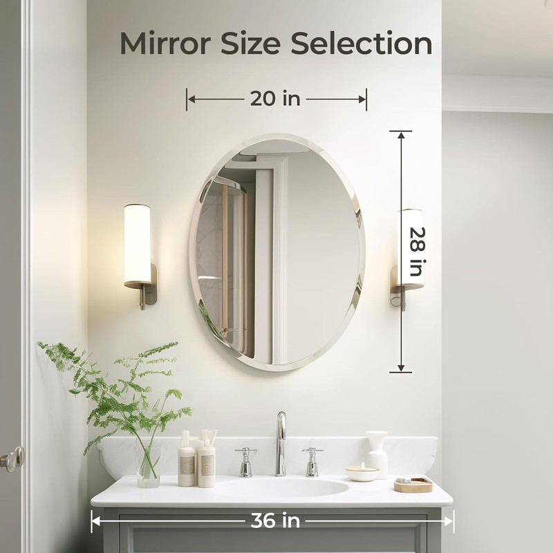 KOHROS Frameless Oval Mirror 20" x 28" Bathroom Wall Mirror