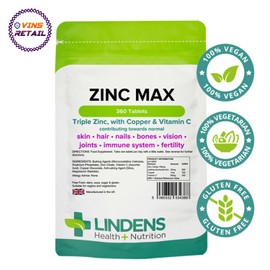 Lindens Zinc Max (Triple Strength, Zinc, Copper & Vitamin C) 360 Tablets LINDENS 4x90