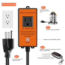 Automatic Remote Vacuum Outlet with 2 Remote Controls, 120V/15A, Dust Collector Remote Switch, Auto ON Off Switch for Dust Collector,5S Delay Shutdown