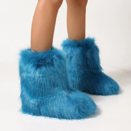 2026 NEW KJ 2025 Factory Wholesale Winter Fluffy Faux Fur Raccoon Women's Flat Heel Middle Sleeve Fury Boots Fur BootsColor: Lake blue fox, Size: 42