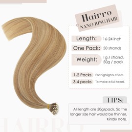 Hairro Nano Bead Human Hair Extensions Nano Beaded Pre Bonded Cold Fushion Nano Ring Hair Nano tip Keratin Remy Hair For Women 16inch 50g/PACK 50 Strands #12P613 Golden Brown Highlight Bleach Blonde