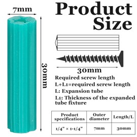 200 Pcs Expanding Plastic Screw Anchors 1/4" Hole Green Plastic Anchors for Concrete Tile Cement Bolt Expansion Tube for #10,11,12 Screws, Fix to Wall Drywall or Other Surface(1-1/4")