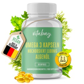 Vitabay Omega 3 Capsules High Dose Vegan - 60 Omega 3 Vegan Capsules 1100mg (2 per day) - Algae Oil with DHA EPA - Omega 3 Algae Oil Omega3 Capsules Vegan Omega 3 High Dose Omega 3 Omega-3 Capsules