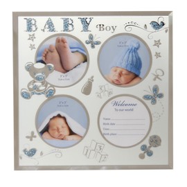 Triple Baby Boy Blue Glitter Motif & Glass Photo Frame 8.5" x 8.5" - Birth Gift