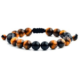 West Coast Jewelry Men's Polished Tiger's Eye and Onyx Stone Beaded Adjustable Bracelet (10mm Wide)