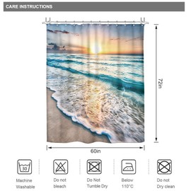 Riyidecor Ocean Beach Look Nature Scene Shower Curtain for Bathroom Sunrise Sunset 60 x 72 Inch Coastal Hawaiian Summer Sea Wave Seaside Island Blue Fabric Set Waterproof BB-JWXP